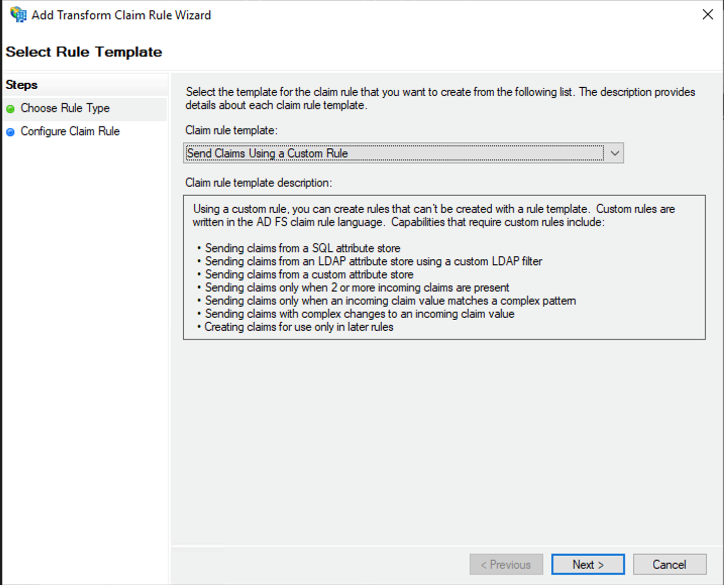 AD FS Select Custom_Rule Template